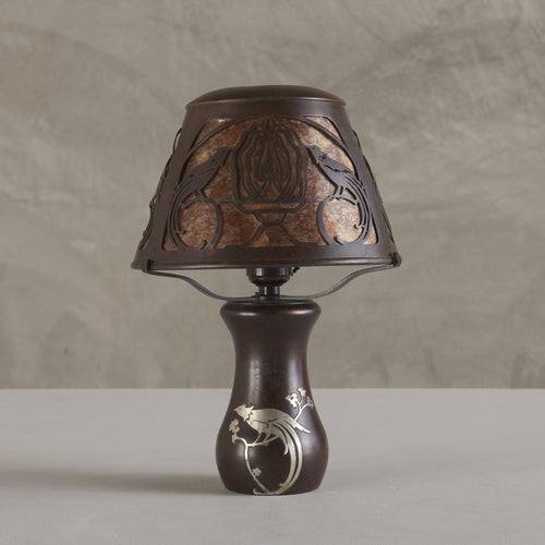 HEINTZ ART METAL SHOP, BIRDS OF PARADISE WITH SILVER INLAY DESK LAMP, 1915